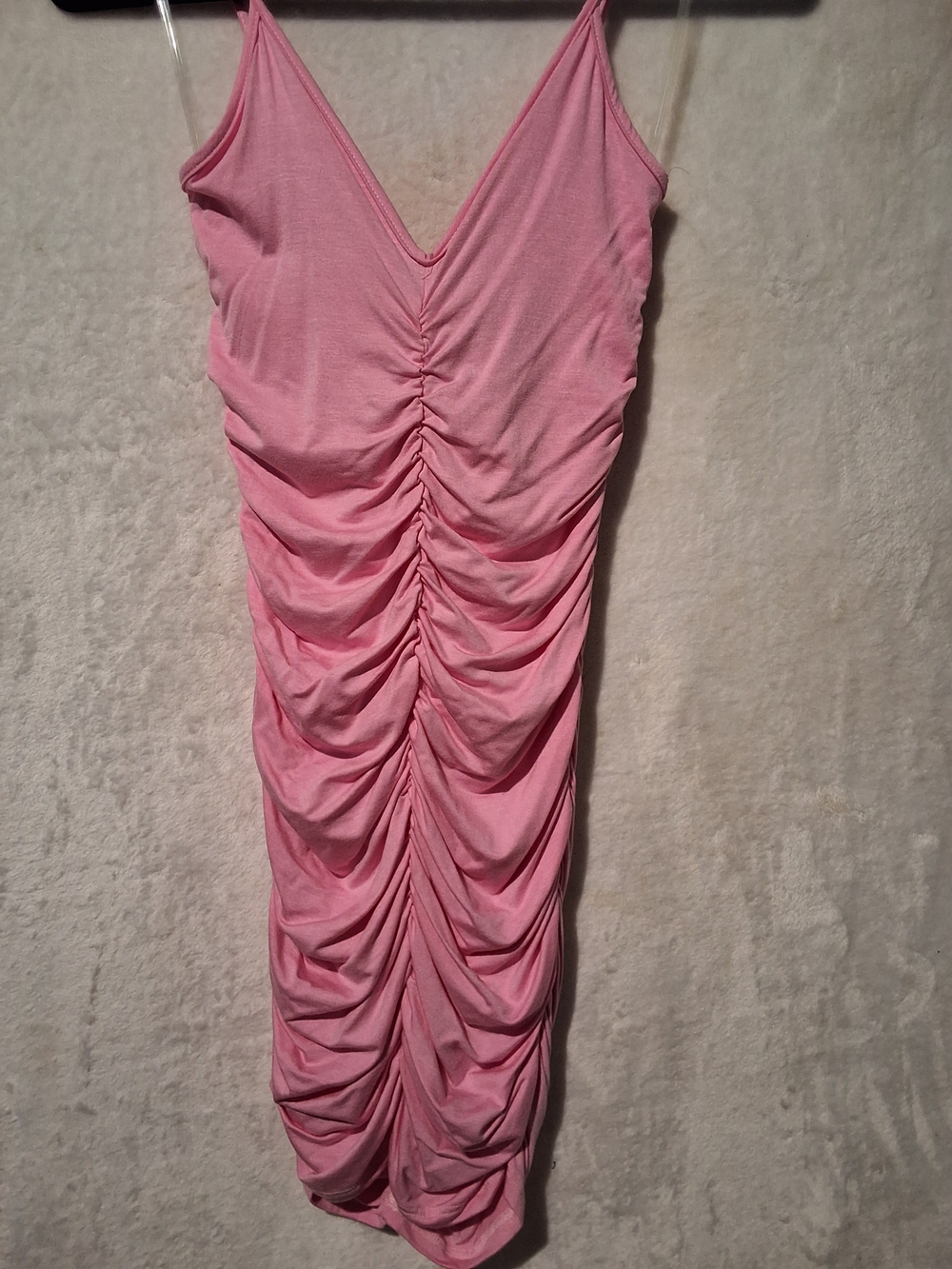 Pink Ruched V-Neck Spaghetti Strap Dress - Picture 2 of 9